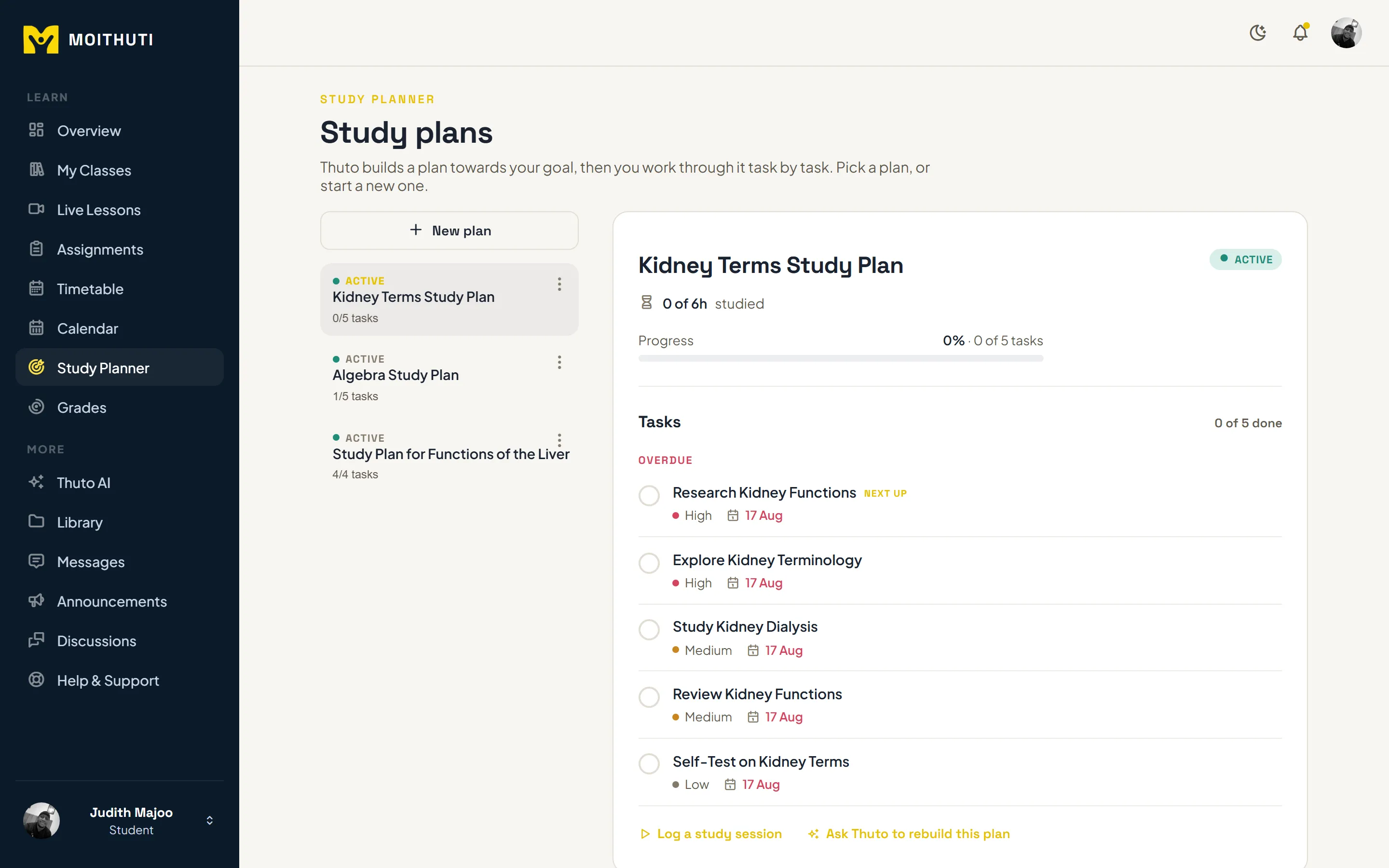The Moithuti study planner: a learner's active plan, its tasks and progress