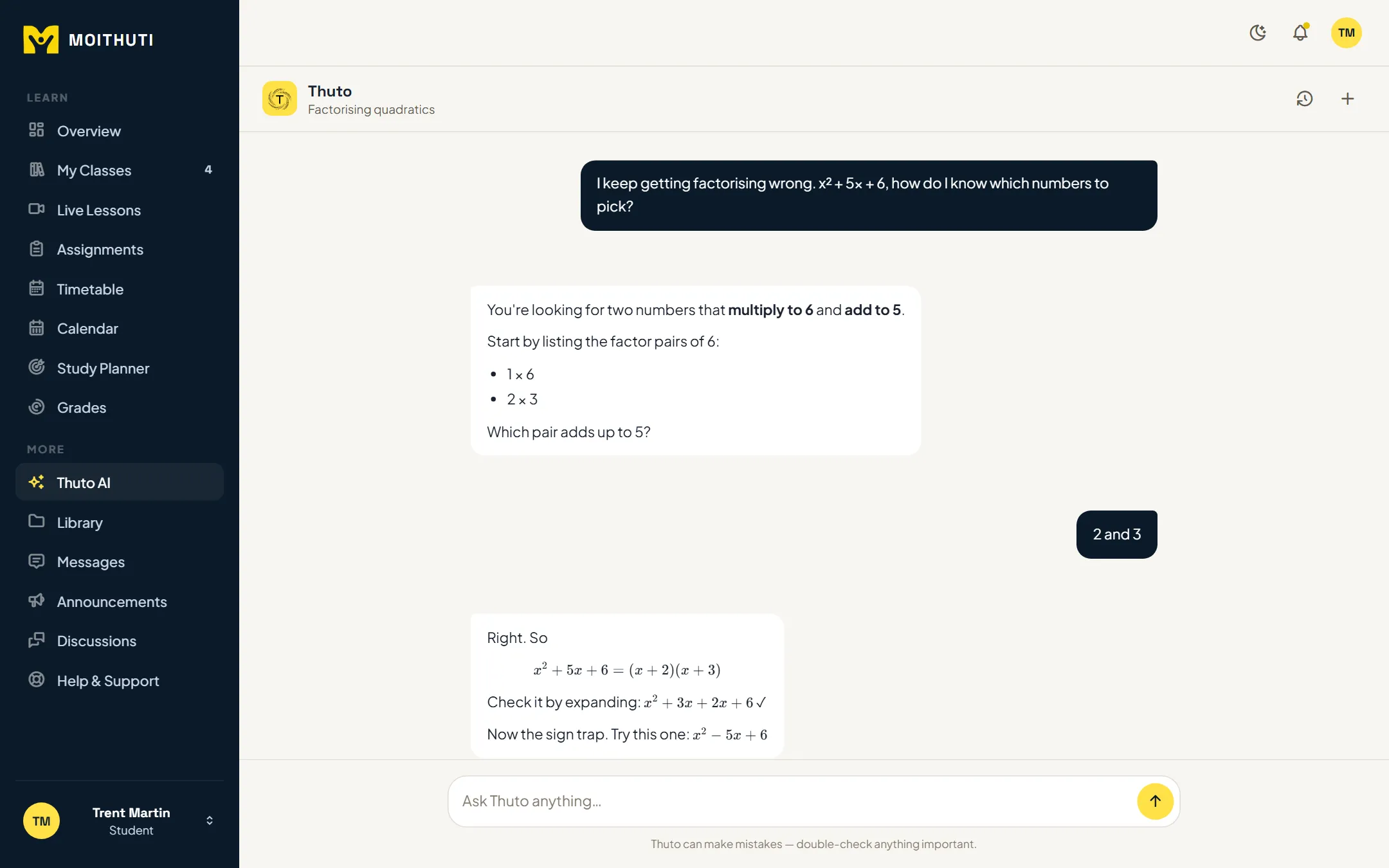 A Thuto conversation working through factorising quadratics, with the maths typeset