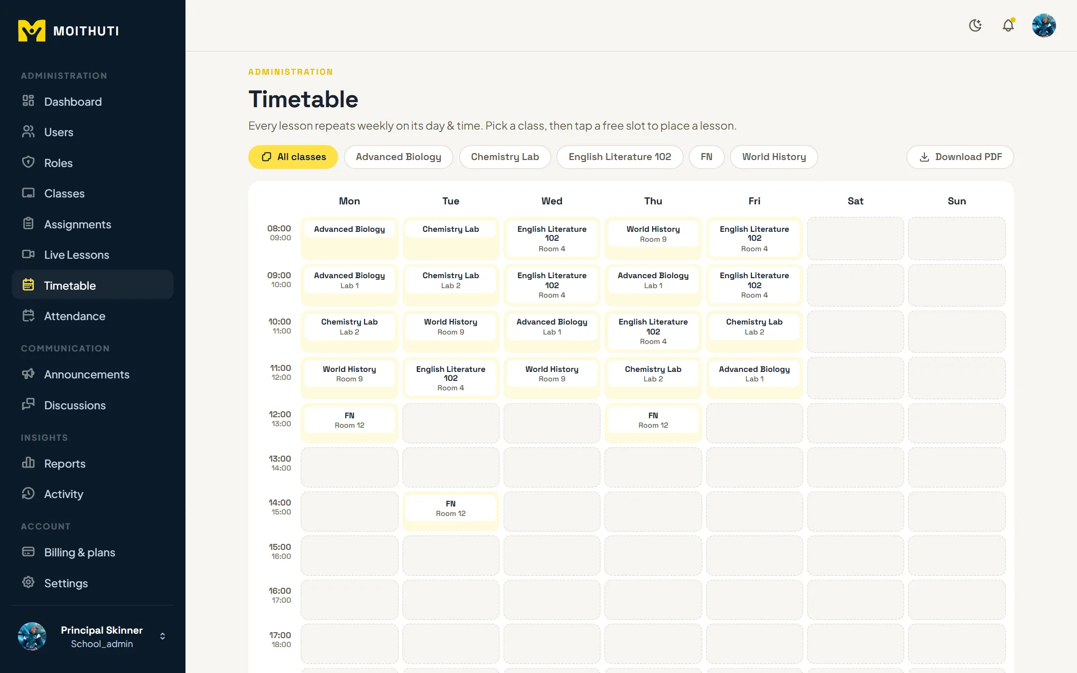 A school timetable for the week with every class placed and no clashes